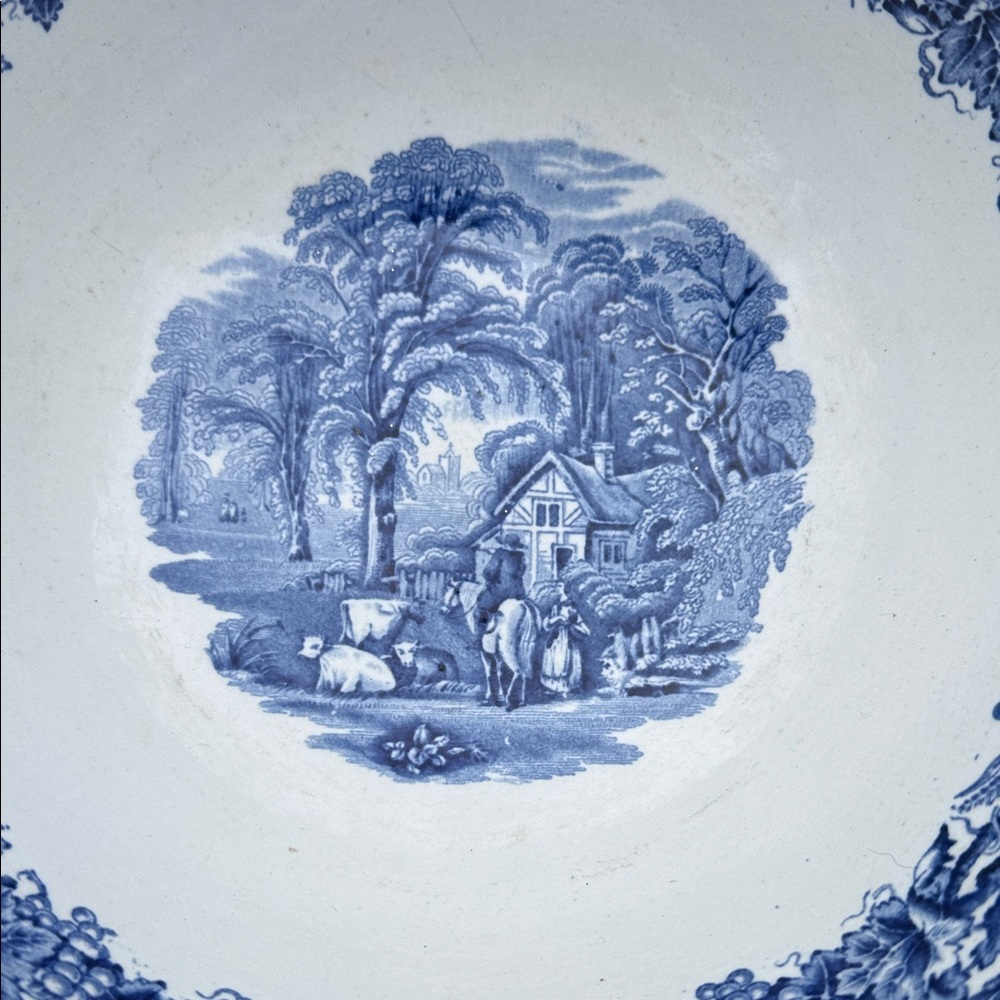 Antique English blue and white transferware pastoral scene serving bowl. - Picture 3 of 11